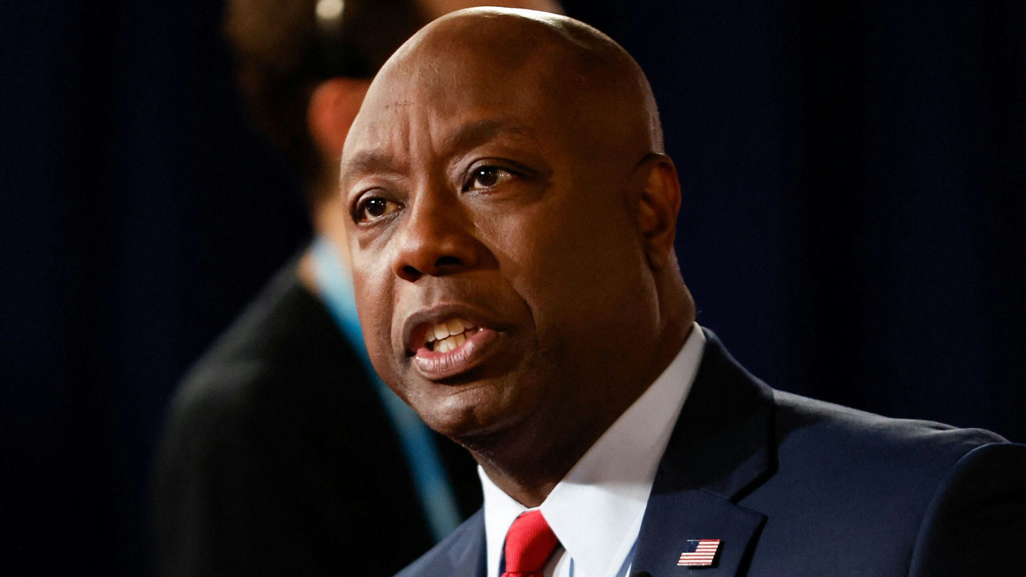 US Senator from South Carolina Tim Scott speaks during an interview in the Spin Room following the first Republican Presidential primary debate at the Fiserv Forum in Milwaukee, Wisconsin, on August 23, 2023.