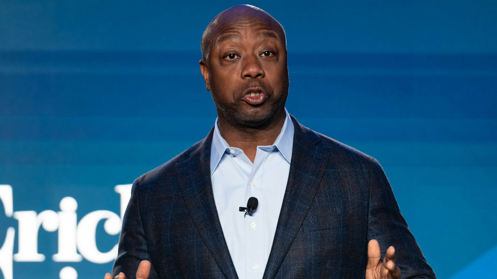 ATLANTA, GEORGIA - AUGUST 18: Republican presidential candidate U.S. Sen. Tim Scott (R-SC) speaks at an event hosted by Conservative radio host Erick Erickson on August 18, 2023 in Atlanta, Georgia. The first debate of the Republican Presidential primary is set to take place August 23, 2023.
