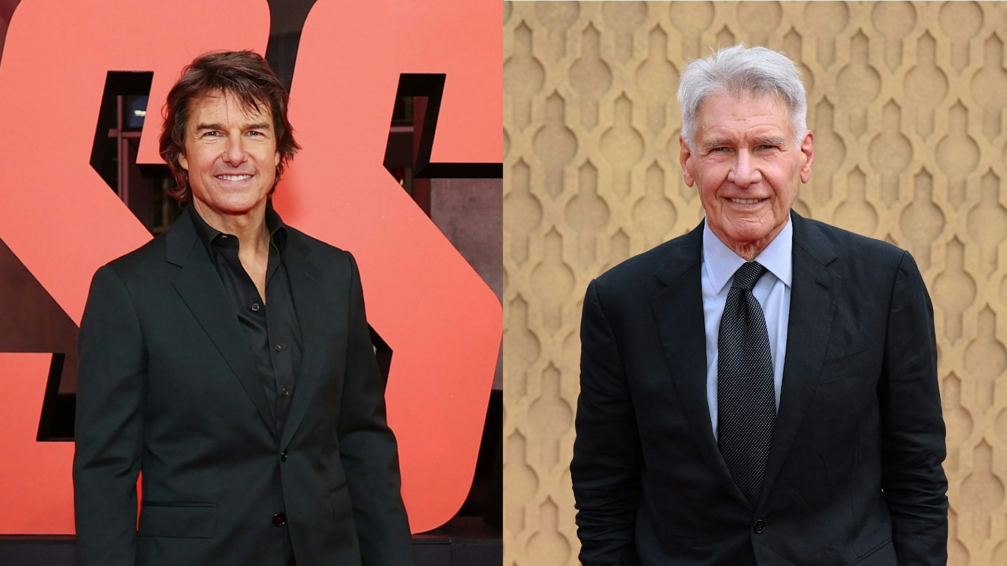 Tom Cruise attends the Australian premiere of "Mission: Impossible - Dead Reckoning Part One" on July 03, 2023 in Sydney, Australia. Harrison Ford attends the "Indiana Jones And The Dial Of Destiny" UK Premiere at Cineworld Leicester Square on June 26, 2023 in London, England.