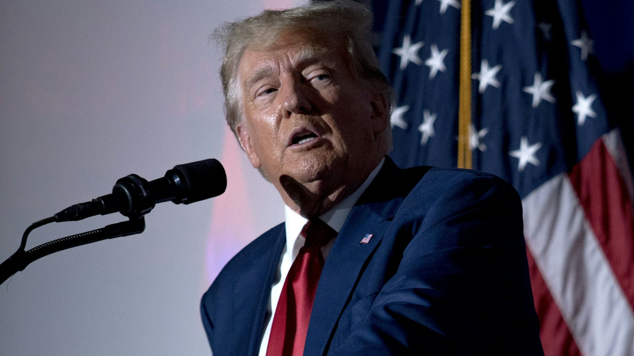 WINDHAM, NH - AUGUST 8: Former president Donald Trump hosted a campaign event at Windham High School in Windham, New Hampshire on Tuesday, August 8, 2023.