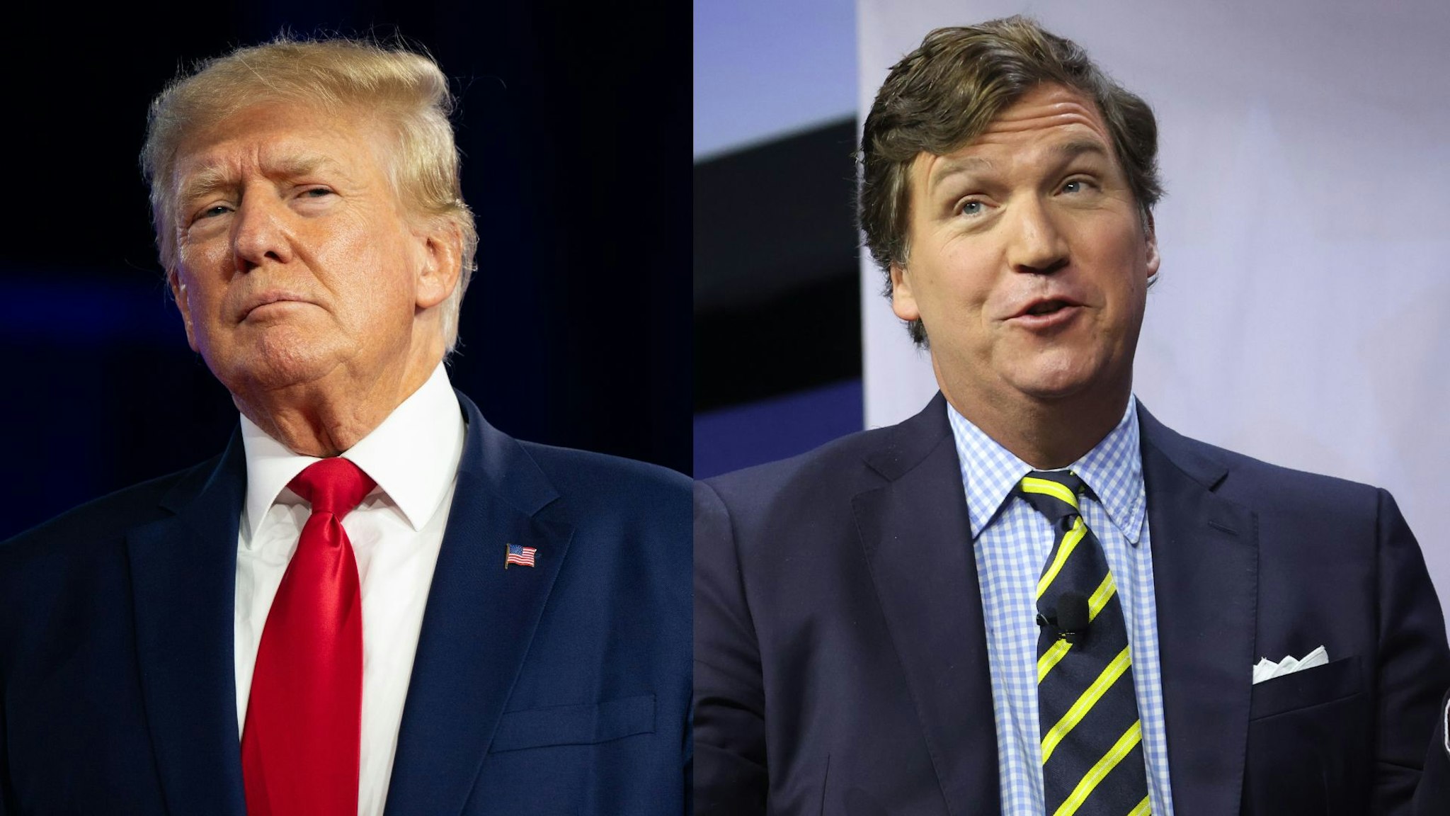 Former U.S. President Donald Trump speaks at the Conservative Political Action Conference (CPAC) at the Hilton Anatole on August 06, 2022 in Dallas, Texas. Former Fox News television personality Tucker Carlson speaks to guests at the Family Leadership Summit on July 14, 2023 in Des Moines, Iowa.