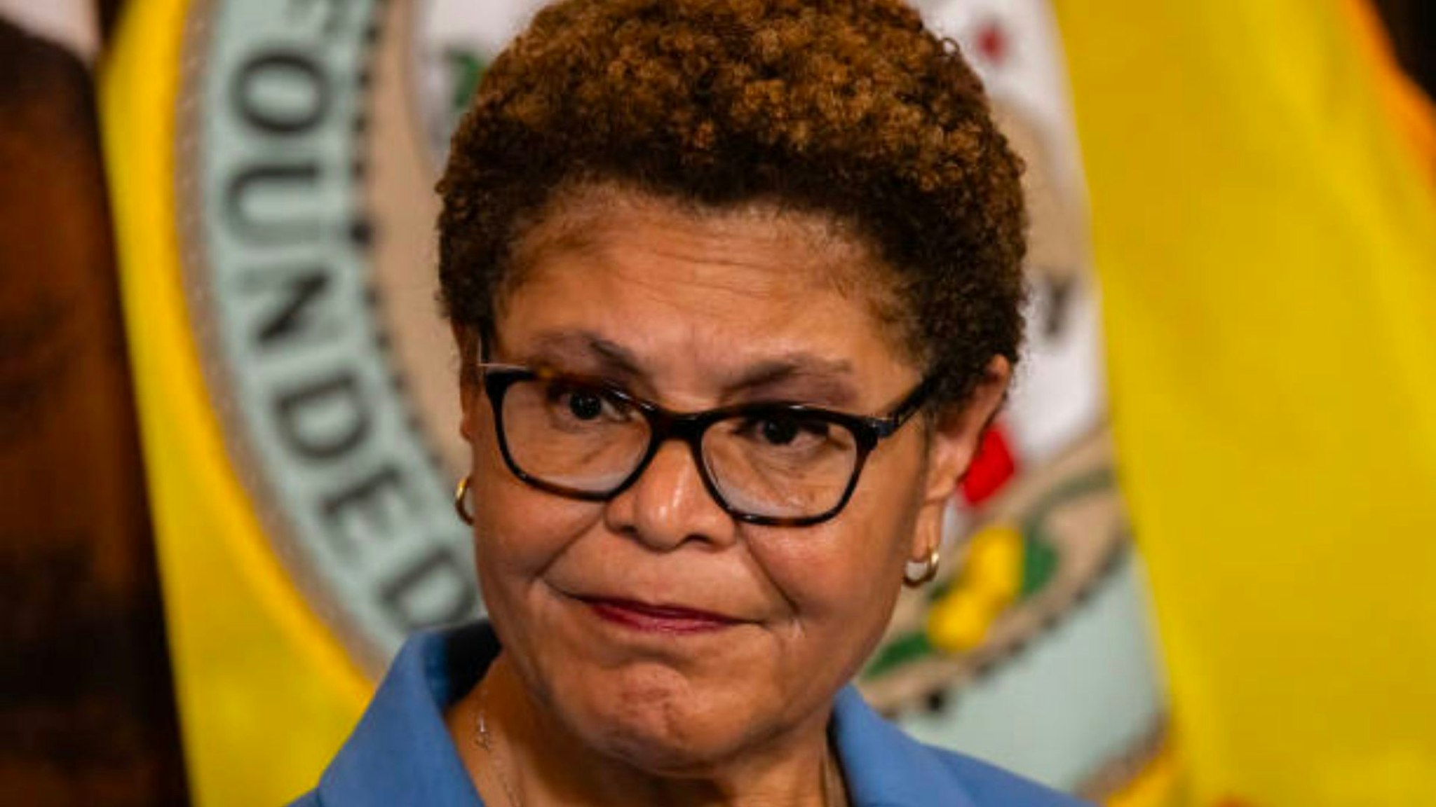 LOS ANGELES, CA - AUGUST 17: L.A. Mayor Karen Bass announces establishing a task force to investigate, apprehend and prosecute suspects who have committed retail theft as businesses grapple with an uptick of smash-and-grabs in recent weeks a press conference held at City Hall in Los Angeles, CA.