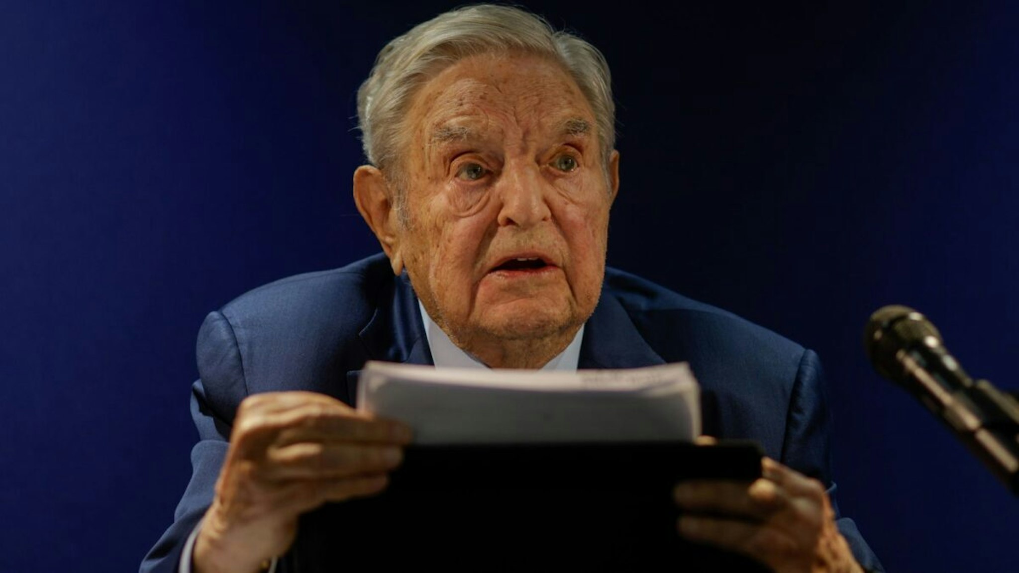 George Soros, billionaire and founder of Soros Fund Management LLC, speaks at an event on day two of the World Economic Forum (WEF) in Davos, Switzerland, on Tuesday, May 24, 2022.