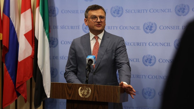 NEW YORK, NEW YORK - JULY 17: Ukrainian Foreign Minister Dmytro Kuleba speaks to the media before a United Nations (UN) Security Council meeting on Ukraine on July 17, 2023 in New York City. The ministerial meeting of the UN Security Council is in regard to Russia's recent actions against Ukraine and an event to mark the 25th anniversary of the Rome Statute of the International Criminal Court.