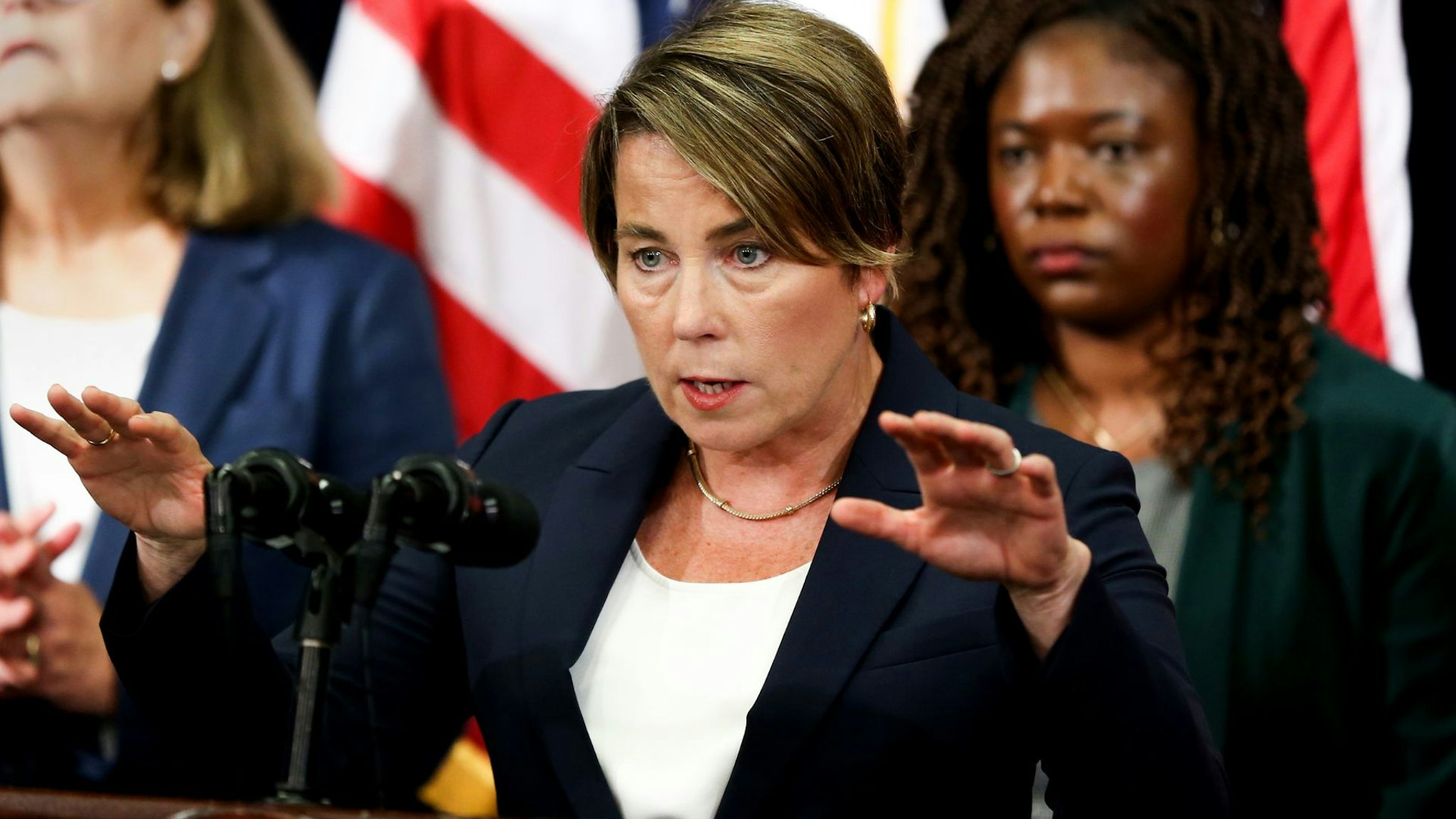 Boston, MA - August 8: Massachusetts Governor Maura Healey held a morning press conference announcing significant action related to the state's emergency shelter system.