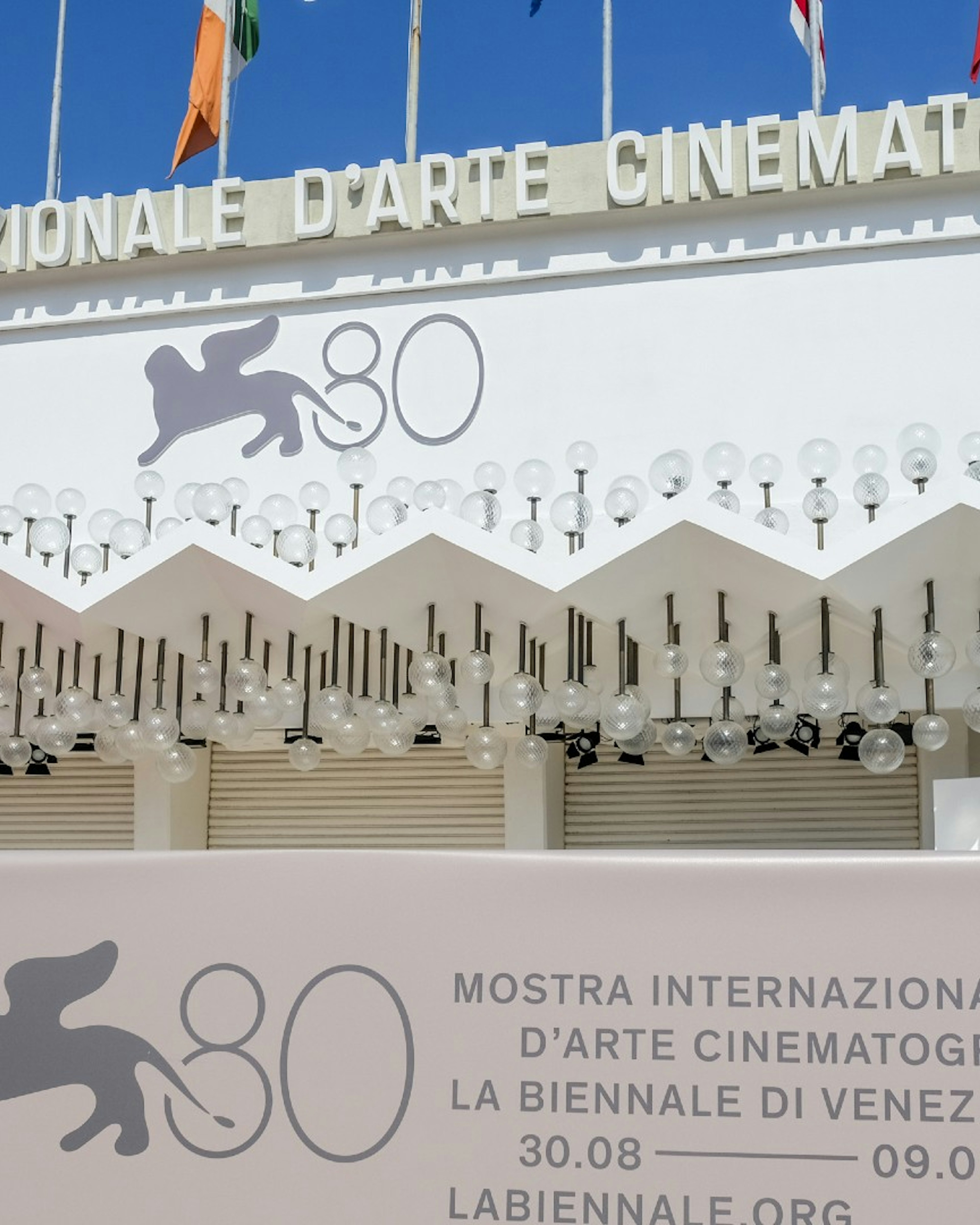 An event banner is displayed outside the "Palazzo del Cinema" ahead of the 80th Venice International Film Festival 2023 on August 25, 2023 in Venice, Italy.