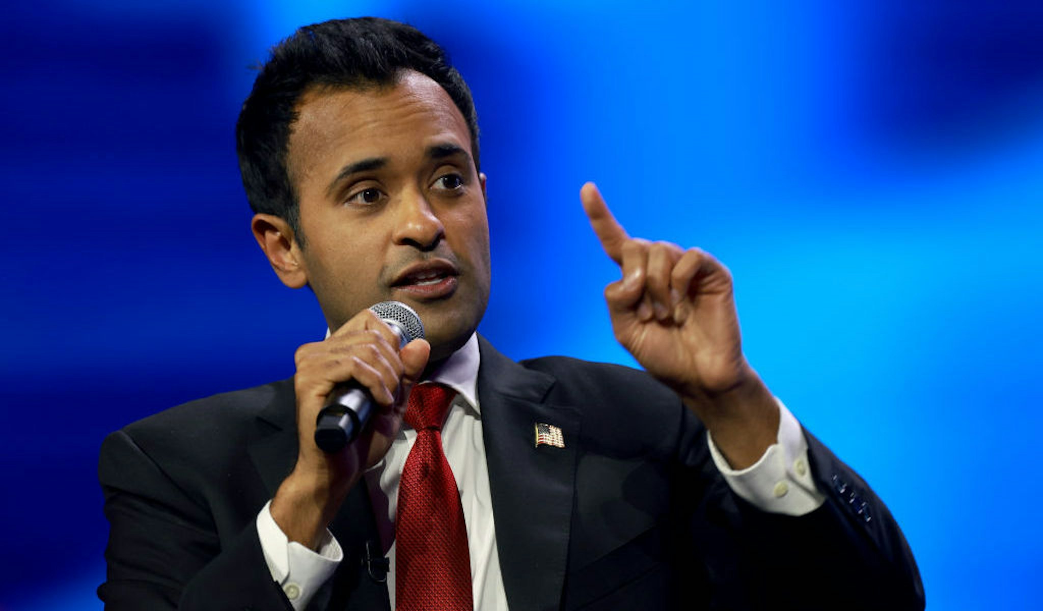 WEST PALM BEACH, FLORIDA - JULY 15: Vivek Ramaswamy speaks at the opening of the Turning Point Action conference on July 15, 2023 in West Palm Beach, Florida. Former President Donald Trump was scheduled to speak at the event held in the Palm Beach County Convention Center. (Photo by Joe Raedle/Getty Images)
