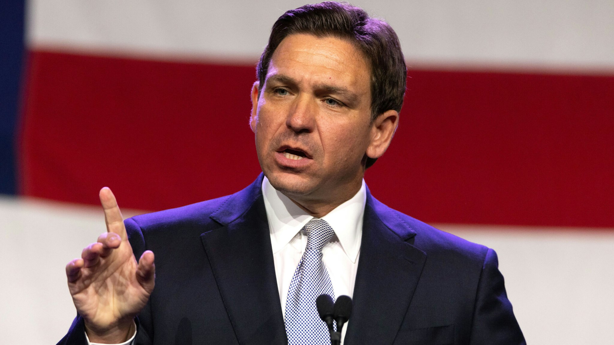 DES MOINES, IA - JULY 28: Republican candidate for president Governor Ron DeSantis speaks during the Republican Party of Iowa 2023 Lincoln Dinner at the Iowa Events Center in Des Moines, Iowa, Friday, July 28, 2023.