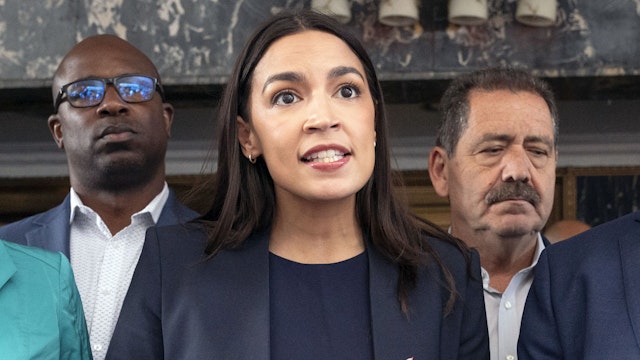 UNITED STATES -September 15: Congresswoman Alexandria Ocasio-Cortez speaks outside the Roosevelt Hotel after touring the facility along with Congresswoman Nydia Velazquez, Congressman Jamaal Bowman, Congessman Adriano Espaillat, and Congressman Jerry Nadler. Friday Sept. 15, 2023 in Manhattan, New York.
