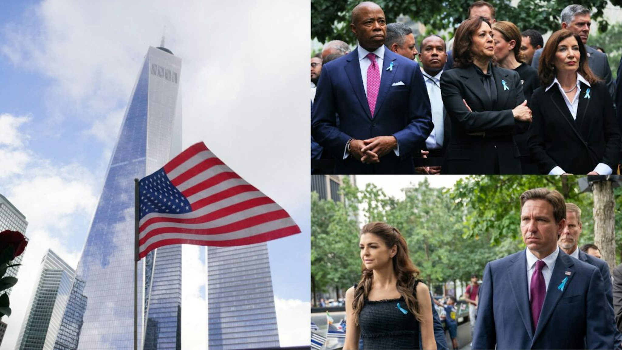 A US flag is seen in front of One World Trade Center on the 22nd anniversary of the terror attack on the World Trade Center, in New York City on September 11, 2023./New York Mayor Eric Adams, Vice President Kamala Harris, and New York Gov. Kathy Hochul attend the annual 9/11 Commemoration Ceremony at the National 9/11 Memorial and Museum on September 11, 2023 in New York City./ Florida Governor Ron DeSantis and his wife Casey attend services at the 9/11 Memorial and Museum at the Ground Zero site in lower Manhattan as the nation commemorates the 22nd anniversary of the attacks on September 11, 2023 in New York City.