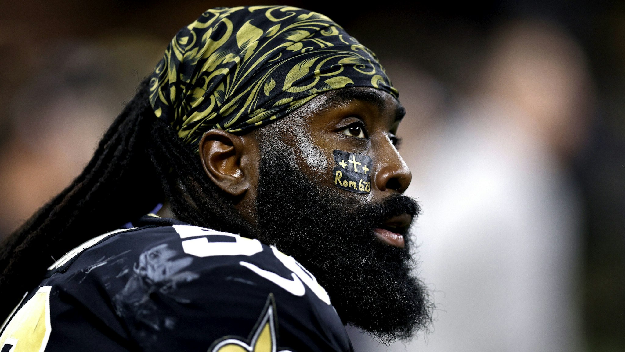 NEW ORLEANS, LOUISIANA - OCTOBER 30: Demario Davis #56 of the New Orleans Saints sits on the bench during an NFL game against the Las Vegas Raiders at Caesars Superdome on October 30, 2022 in New Orleans, Louisiana.