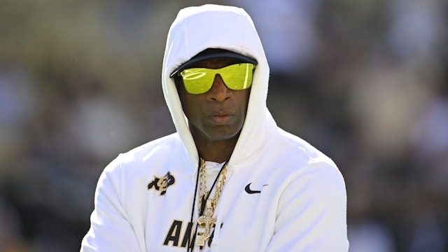 BOULDER, COLORADO - SEPTEMBER 9: Head Coach Deion Sanders takes the field during warmups at Folsom Field on September 9, 2023 in Boulder, Colorado. Coach Sanders will lead the Colorado Buffaloes in a matchup against their long-time rivals, the Nebraska Cornhuskers, during Coach Prime's highly anticipated home debut.