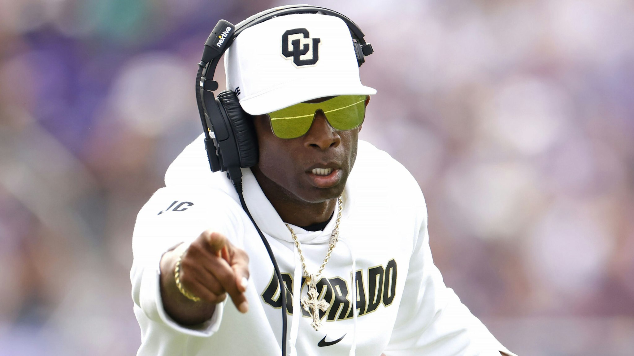 FORT WORTH, TX - SEPTEMBER 2: Head coach Deion Sanders of the Colorado Buffaloes celebrates a touchdown against the TCU Horned Frogs during the first half at Amon G. Carter Stadium on September 2, 2023 in Fort Worth, Texas.
