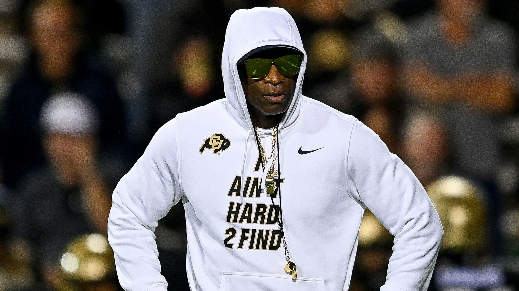 BOULDER, CO - SEPTEMBER 16: Head coach Deion Sanders of the Colorado Buffaloes walks on the field as players warm up before a game against the Colorado State Rams at Folsom Field on September 16, 2023 in Boulder, Colorado.