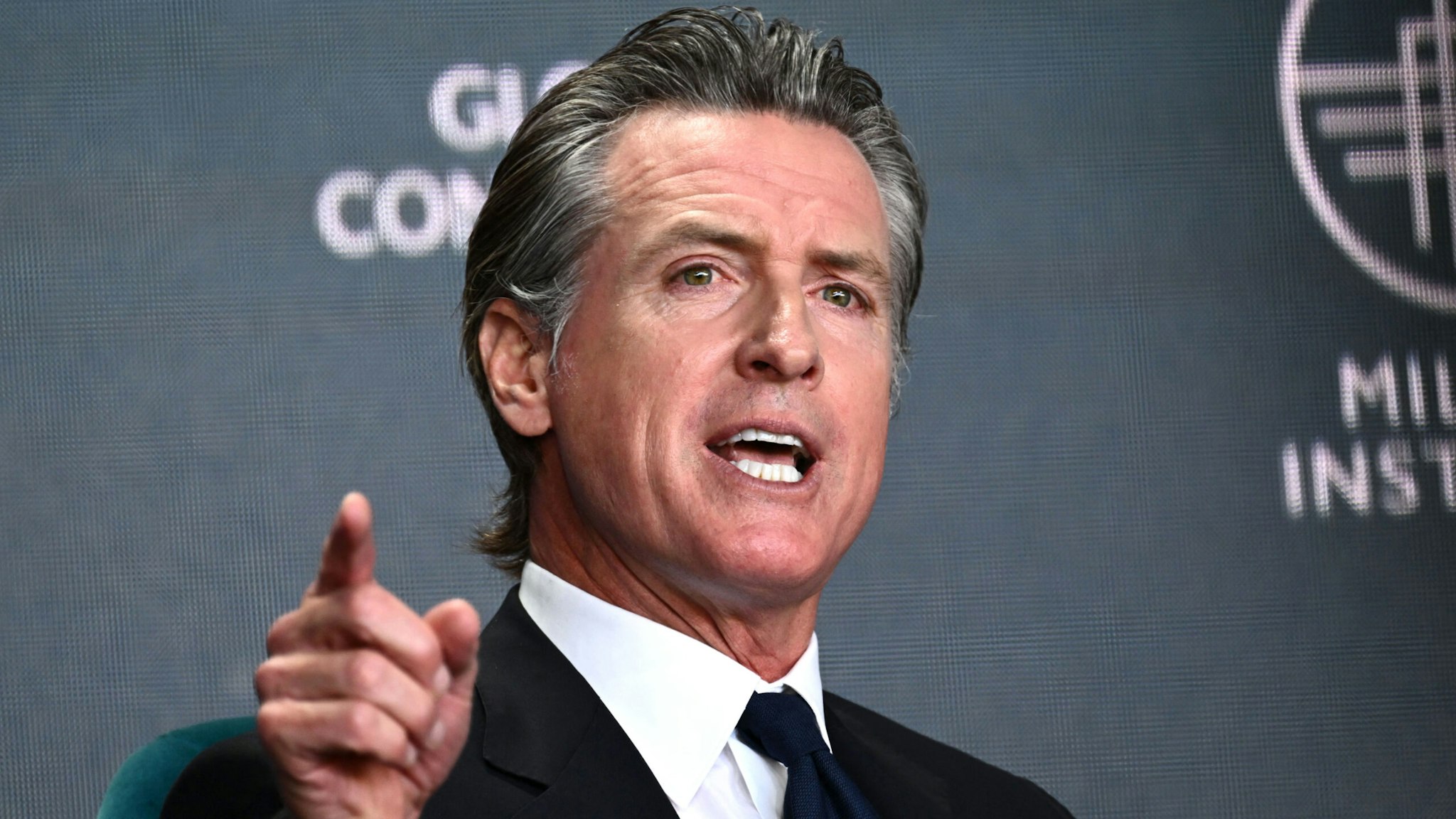 California Governor Gavin Newsom speaks during the Milken Institute Global Conference in Beverly Hills, California on May 2, 2023.