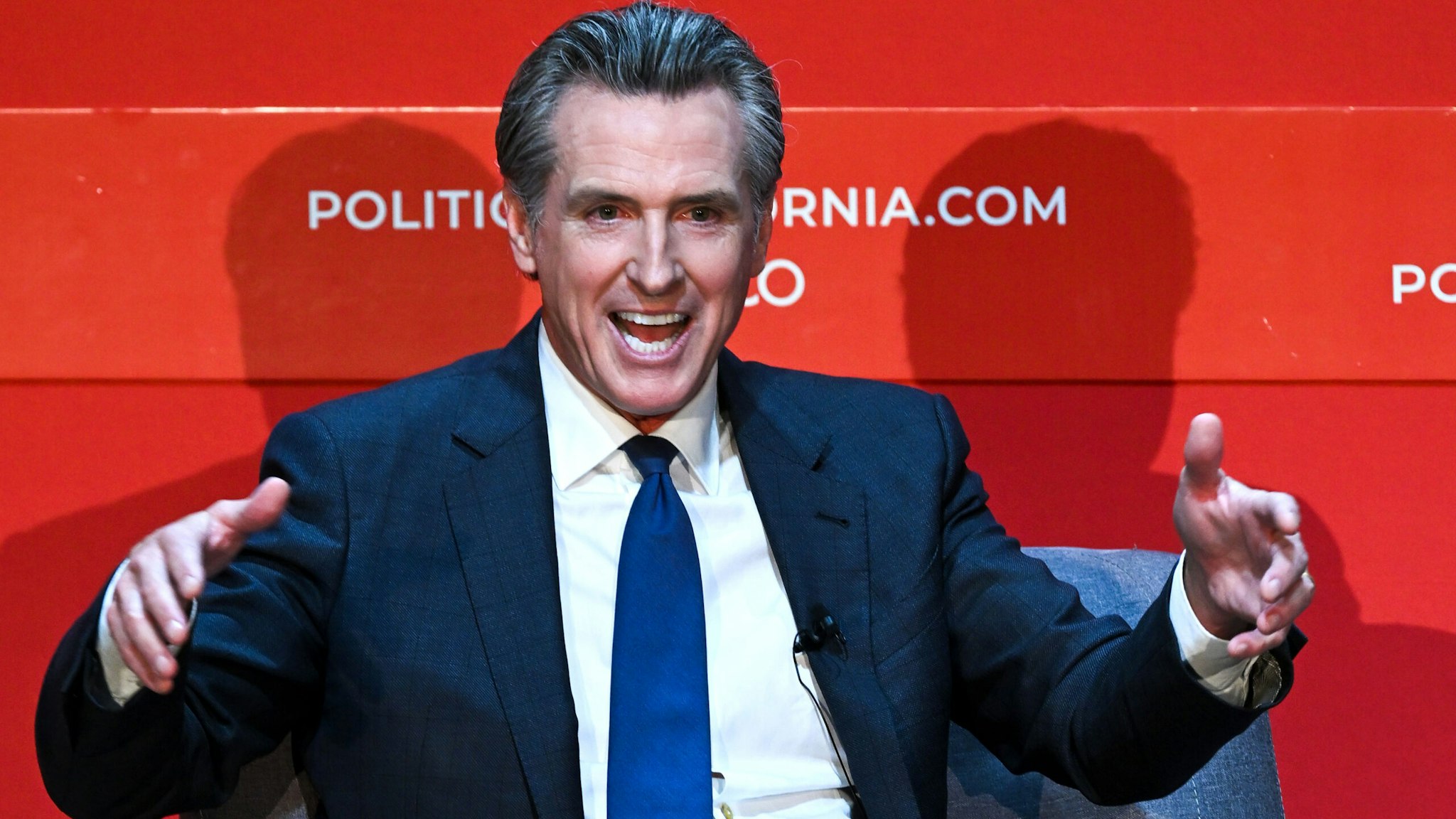 SACRAMENTO, CALIFORNIA - SEPTEMBER 12: California Governor Gavin Newsom joins 'Politico' in conversation with Chris Cadelago California Bureau Chief of Politico in Sacramento, California on September 12, 2023.