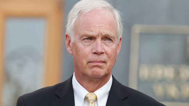United States Senator Ron Johnson (Republican of Wisconsin) speaks to journalists with joint a press conference with United States Senator Chris Murphy (Democrat of Connecticut) (not seen) after their meeting with Ukrainian President Volodymyr Zelensky, outside the Presidential Office in Kiev, Ukraine, on 5 September, 2019.