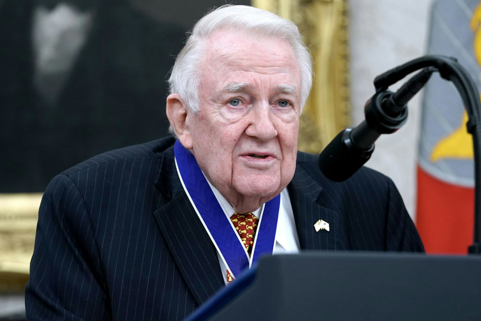 WASHINGTON, DC - OCTOBER 08: Former Attorney General Edwin Meese delivers remarks after being awarded the National Medal of Freedom by U.S. President Donald Trump during a ceremony in the Oval Office at the White House October 08, 2019 in Washington, DC. Meese was appointed attorney general by President Ronald Reagan and served from 1985 to 1988.