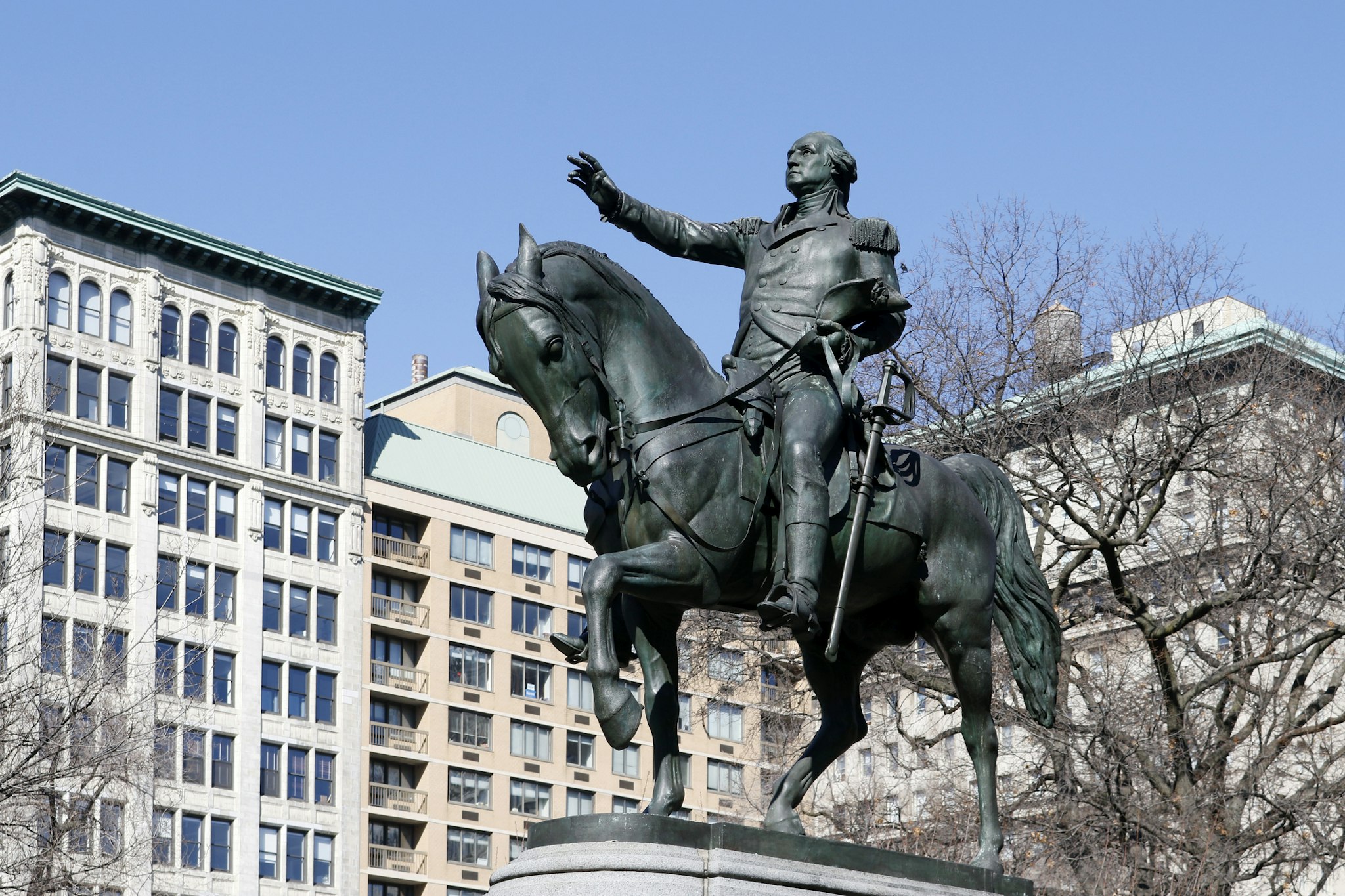 USA. New York city. Manhattan. Union Square Park. Close up on the statue of George Washington, bronze equestrian protrait, by Henry Kirke Brown (1814-1886).