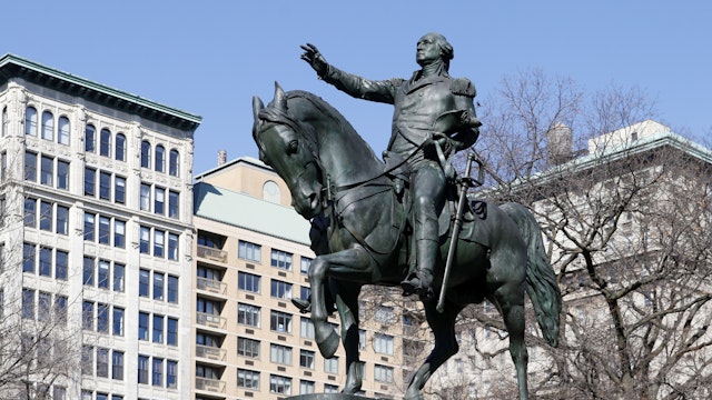 USA. New York city. Manhattan. Union Square Park. Close up on the statue of George Washington, bronze equestrian protrait, by Henry Kirke Brown (1814-1886).