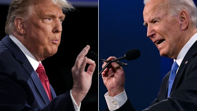 (COMBO) This combination of pictures created on October 22, 2020 shows US President Donald Trump (L) and Democratic Presidential candidate and former US Vice President Joe Biden during the final presidential debate at Belmont University in Nashville, Tennessee, on October 22, 2020. (Photos by Brendan Smialowski and JIM WATSON / AFP) (Photo by BRENDAN SMIALOWSKI,JIM WATSON/AFP via Getty Images)