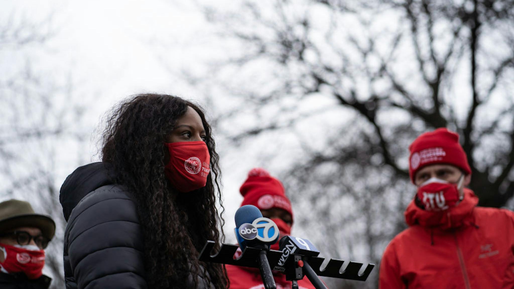 Chicago Teachers Rally For A Safe Return To Schools Chicago Teachers Union Vice President Stacy Davis Gates speaks ahead of a car caravan where teachers and supporters gathered to demand a safe and equitable return to in-person learning during the COVID-19 pandemic in Chicago on December 12, 2020. Select Chicago public schools teachers are expected to return to classrooms on January 4th, 2021. (Photo by Max Herman/NurPhoto via Getty Images)