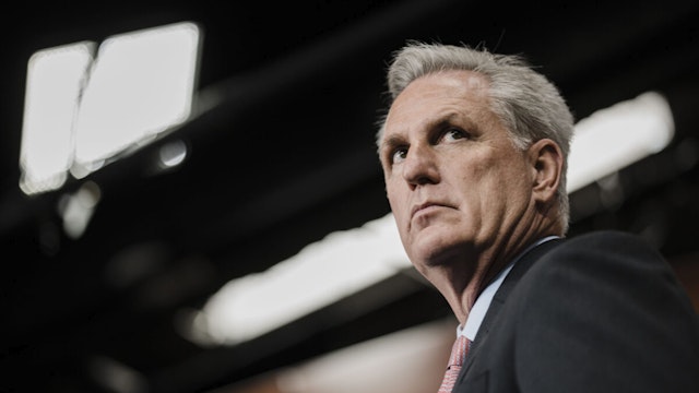 House Minority Leader Kevin McCarthy (R-CA) attends a House Republican Conference news confernce as members pack the stage on Capitol Hill on Thursday, Jan. 20, 2022 in Washington, DC.