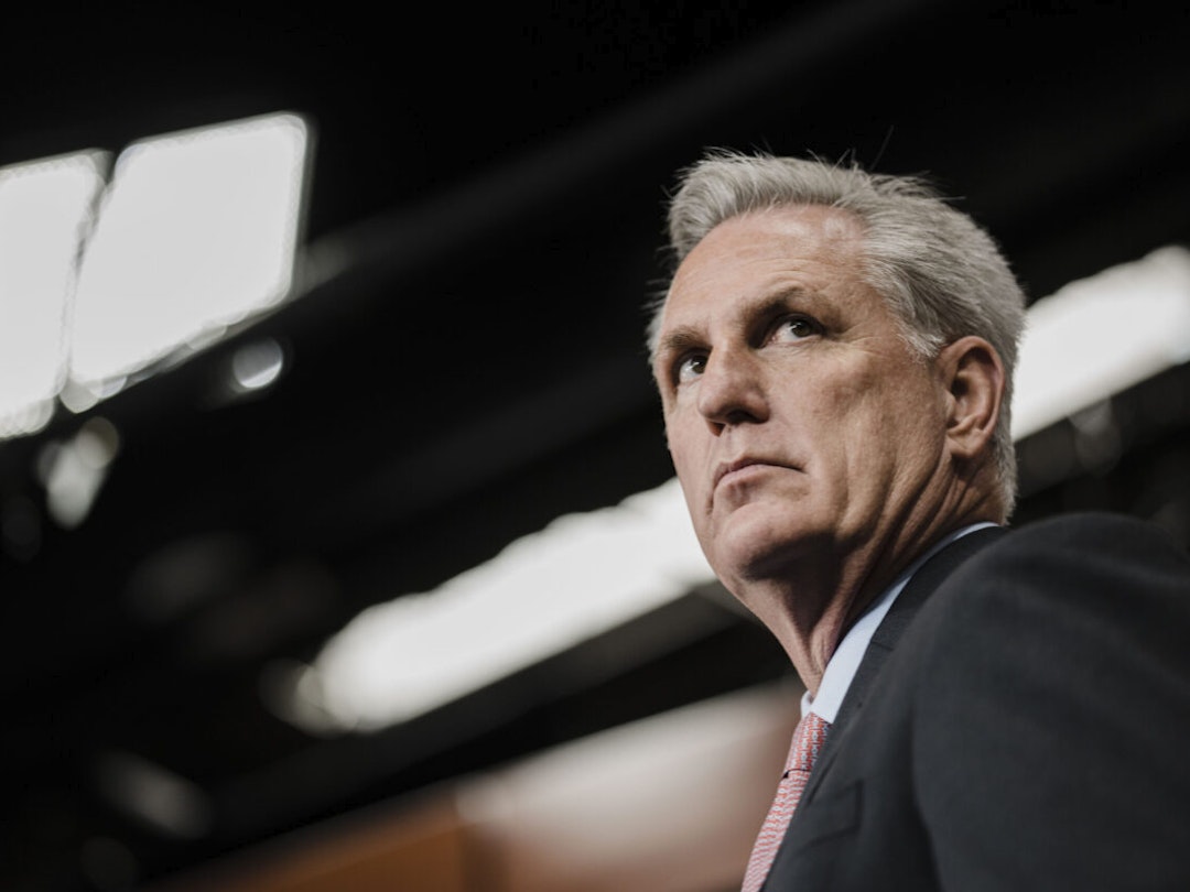 House Minority Leader Kevin McCarthy (R-CA) attends a House Republican Conference news confernce as members pack the stage on Capitol Hill on Thursday, Jan. 20, 2022 in Washington, DC.