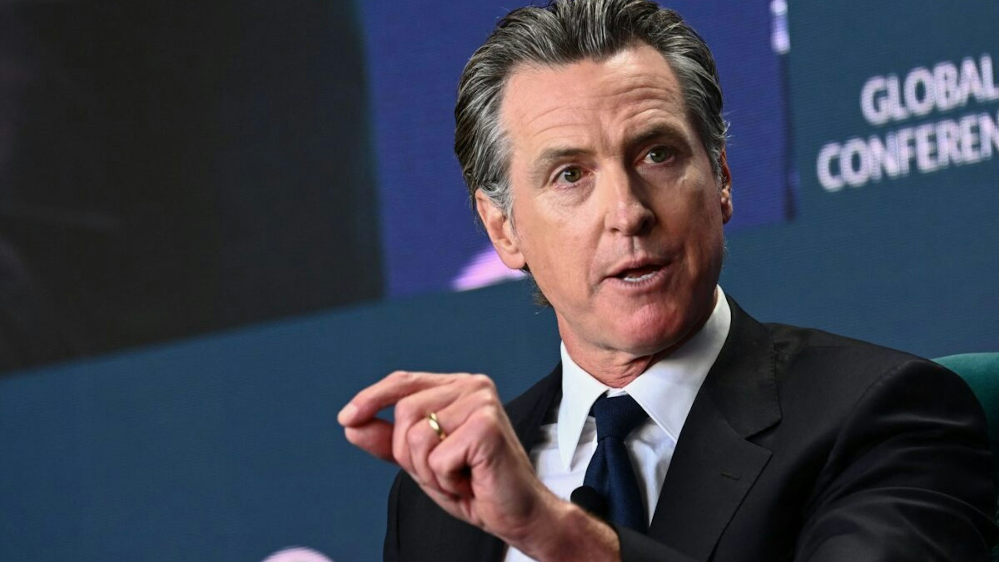 California Governor Gavin Newsom speaks during the Milken Institute Global Conference in Beverly Hills, California on May 2, 2023.