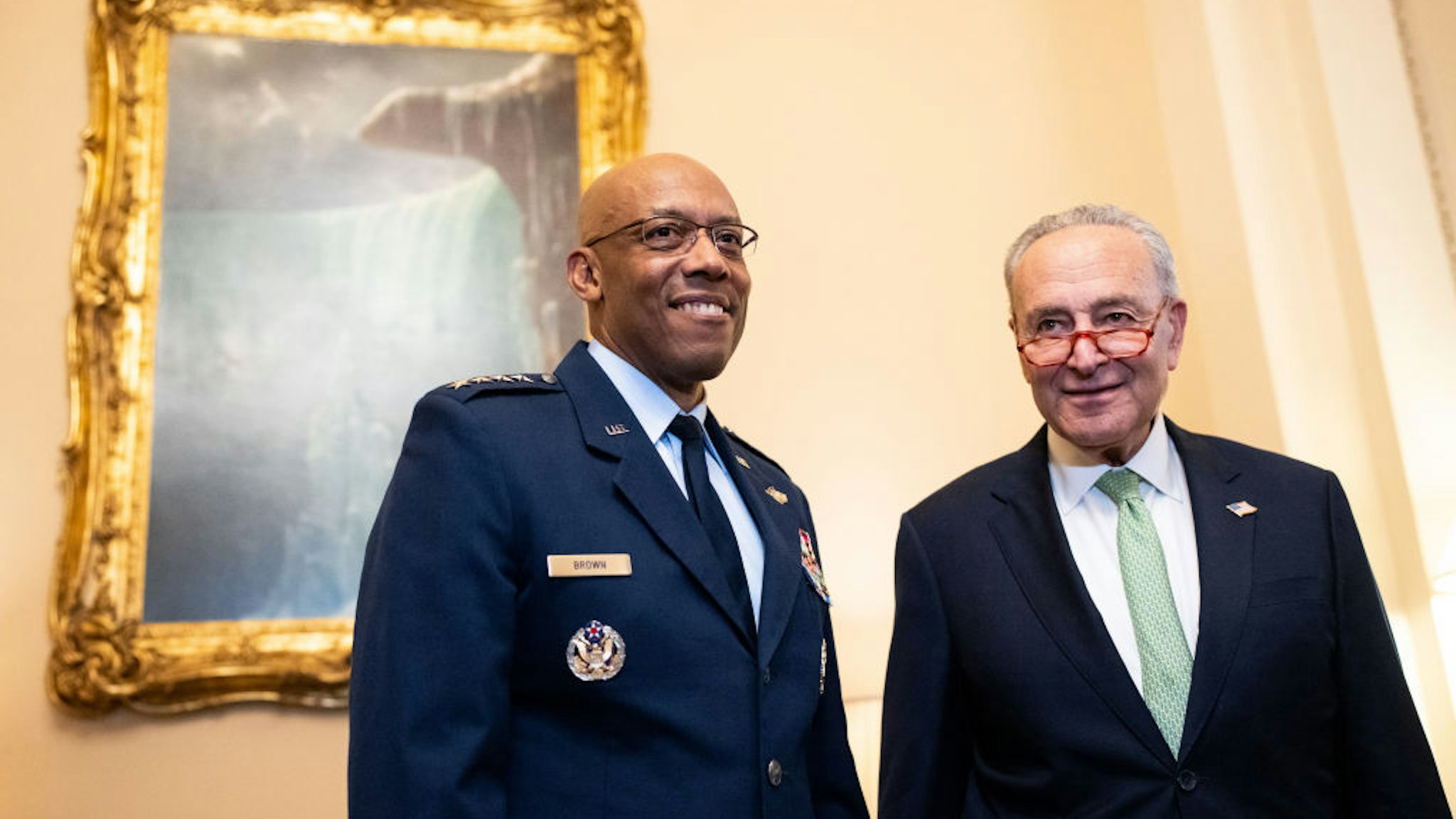 WASHINGTON - JUNE 22: Air Force General Charles Brown Jr, President Biden's nominee to be the next Chairman of the Joint Chiefs of Staff, is seen during his photo-op in Senate Majority Leader Chuck Schumer's office on Thursday, June 22, 2023.