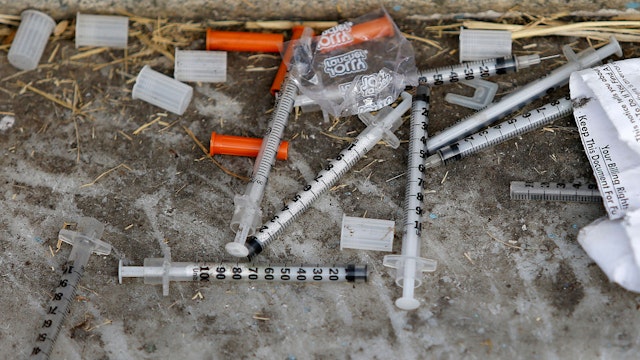 Syringes found at the base of the Pioneer monument on Fulton St. between the SF Main library and the Asian Art Museum in San Francisco, California, on Wednesday, February 3, 2016. During the month of last September almost 4829 used syringes were found in the Civic Center, including 519 at the SF Main Library and 730 at the Asian Art Museum. (Photo By Liz Hafalia/The San Francisco Chronicle via Getty Images)
