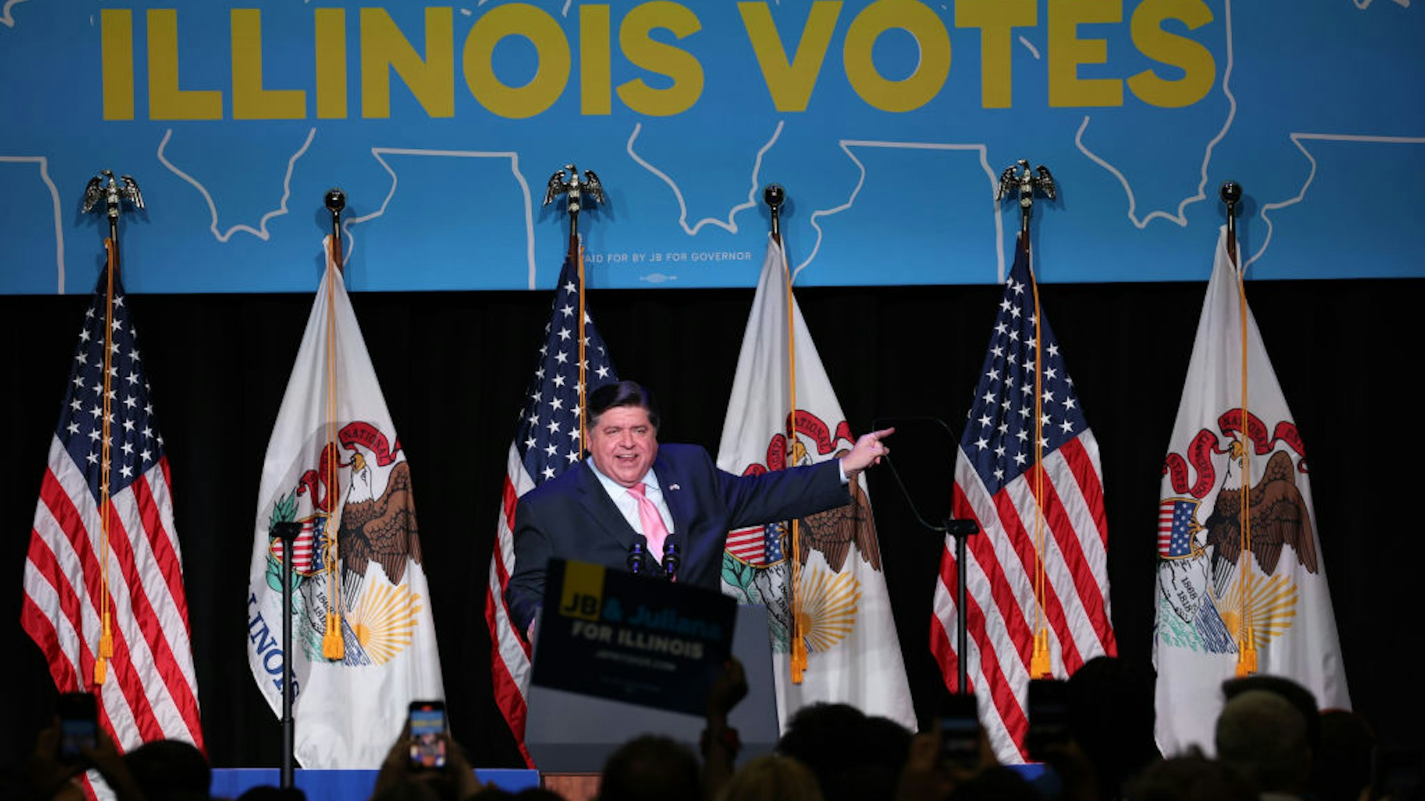CHICAGO, ILLINOIS - SEPTEMBER 16: Illinois Governor J.B. Pritzker participates in a rally to support Illinois Democrats on the campus of UIC on September 16, 2022 in Chicago, Illinois. Vice President Kamala Harris also participated attended the rally.