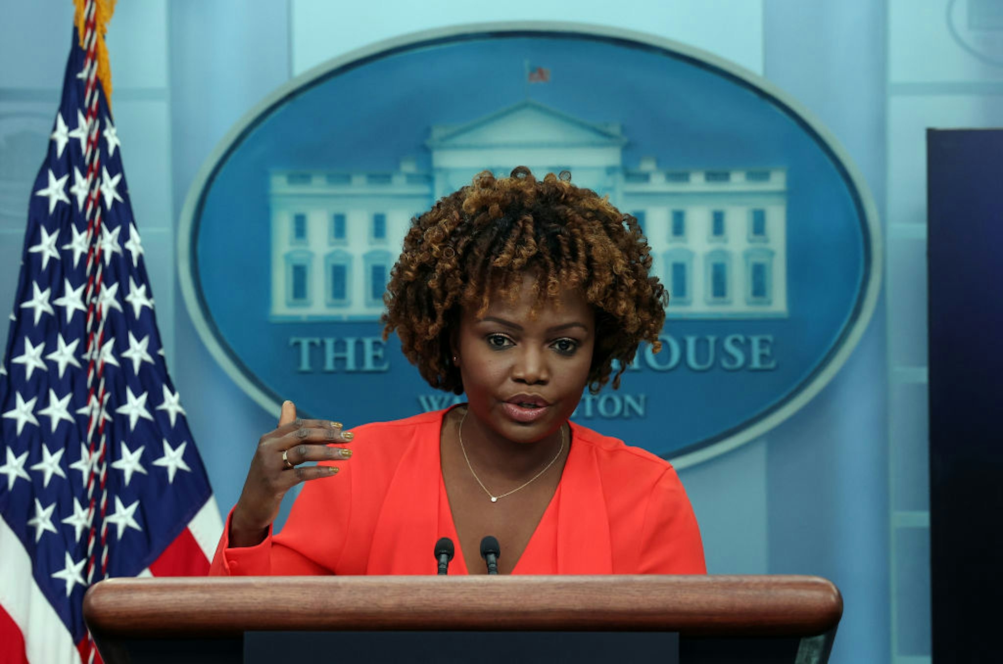 WASHINGTON, DC - JANUARY 11: White House Press Secretary Karine Jean-Pierre speaks during a press briefing at the White House on January 11, 2023 in Washington, DC. Jean-Pierre spoke on the classified documents found at a think tank office formerly used by President Joe Biden and the ongoing Russian invasion of Ukraine.