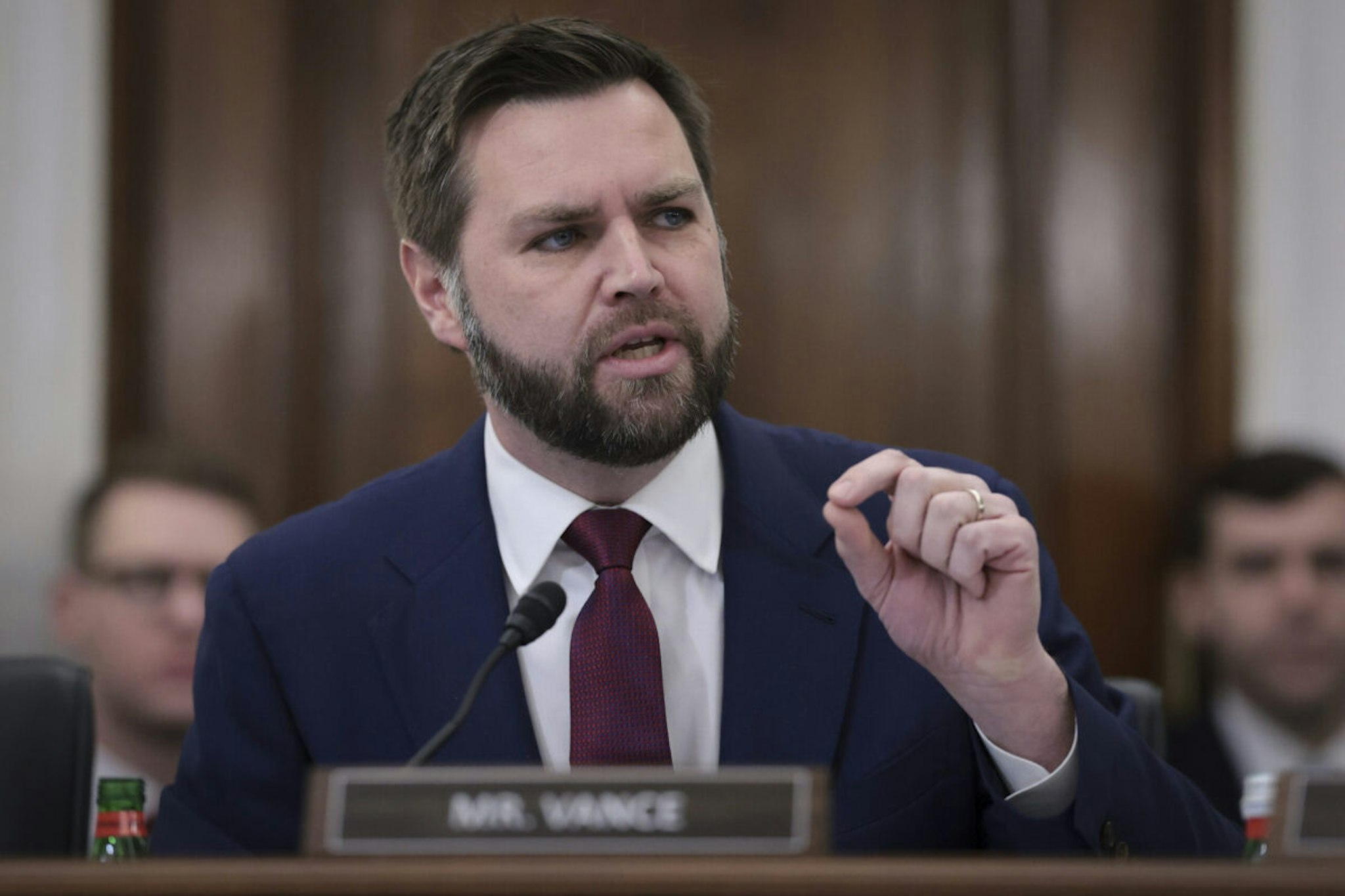 WASHINGTON, DC - MARCH 22: Sen. J.D. Vance (R-OH) delivers remarks during a hearing held by the Senate Commerce, Science, and Transportation Committee on March 22, 2023 in Washington, DC. The committee heard testimony on "Improving Rail Safety in response to the East Palestine Derailment".
