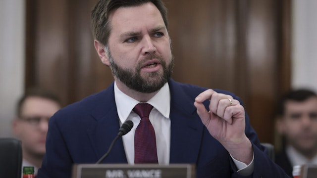 WASHINGTON, DC - MARCH 22: Sen. J.D. Vance (R-OH) delivers remarks during a hearing held by the Senate Commerce, Science, and Transportation Committee on March 22, 2023 in Washington, DC. The committee heard testimony on "Improving Rail Safety in response to the East Palestine Derailment".