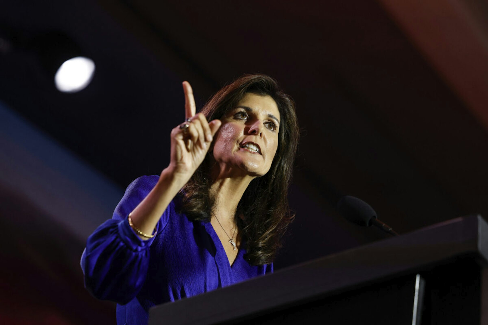 ARLINGTON, VIRGINIA - JULY 17: Republican presidential candidate Nikki Haley delivers remarks at the Christians United for Israel (CUFI) summit on July 17, 2023 in Arlington, Virginia. The former U.N. ambassador and other 2024 GOP hopefuls are making their cases before the pro-Israeli group.