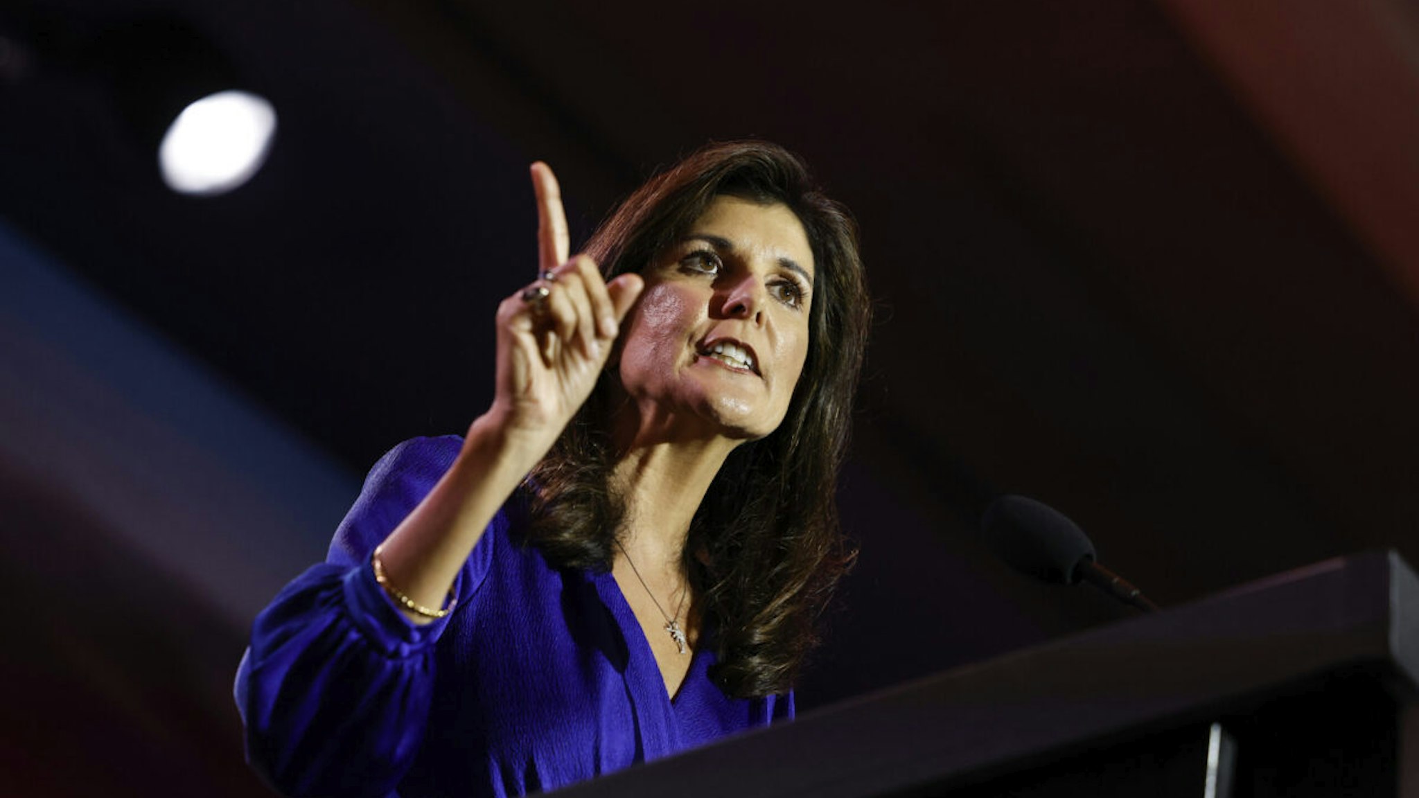 ARLINGTON, VIRGINIA - JULY 17: Republican presidential candidate Nikki Haley delivers remarks at the Christians United for Israel (CUFI) summit on July 17, 2023 in Arlington, Virginia. The former U.N. ambassador and other 2024 GOP hopefuls are making their cases before the pro-Israeli group.