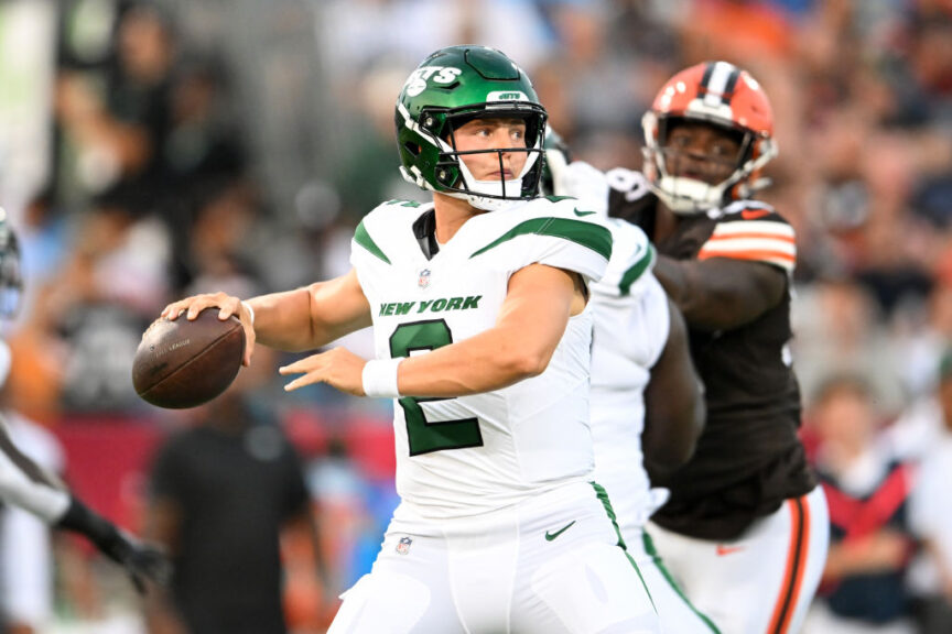 CANTON, OHIO - AUGUST 03: Zach Wilson #2 of the New York Jets throws a pass during the first half of the 2023 Pro Hall of Fame Game against the Cleveland Browns at Tom Benson Hall Of Fame Stadium on August 3, 2023 in Canton, Ohio. (Photo by Nick Cammett/Getty Images)
