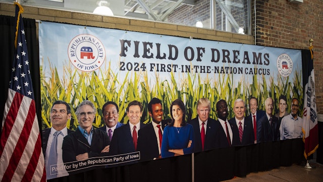 A sign featuring 2024 presidential candidates displayed at the Iowa Republicans booth during the Iowa State Fair in Des Moines, Iowa, US, on Thursday, Aug. 10, 2023. The fair runs until August 20 and will feature several 2024 presidential candidates speaking either on the Des Moines Register political soapbox or a conversation with Governor Kim Reynolds. Photographer