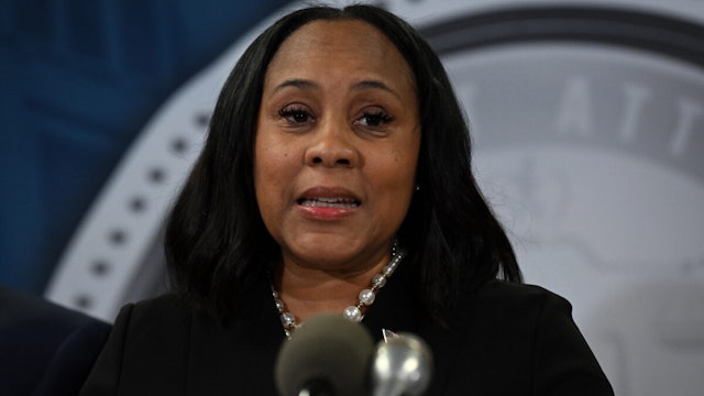 Fulton County District Attorney Fani Willis speaks during a news conference at the Fulton County Government building on Wednesday, August 14, 2023 in Atlanta, Georgia.