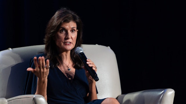 ATLANTA, GEORGIA - AUGUST 18: Republican U.S. presidential candidate and former U.S. Ambassador to the United Nation Nikki Haley speaks at an event hosted by Conservative radio host Erick Erickson on August 18, 2023 in Atlanta, Georgia. The first debate of the Republican Presidential primary is set to take place August 23, 2023.