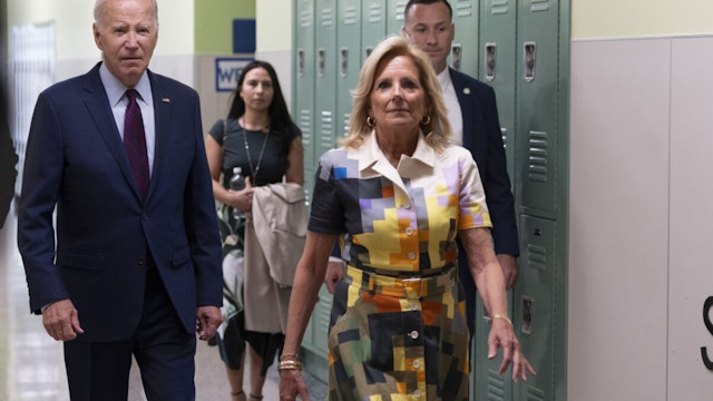 US President Joe Biden, left, and First Lady Jill Biden visit Eliot-Hine Middle School to welcome students back to school in Washington, DC, US, on Monday, Aug. 28, 2023.