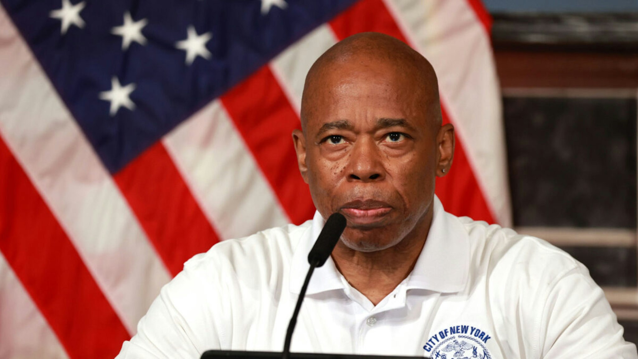 Mayor Eric Adams is pictured during a press conference at City Hall on July 19, 2023.