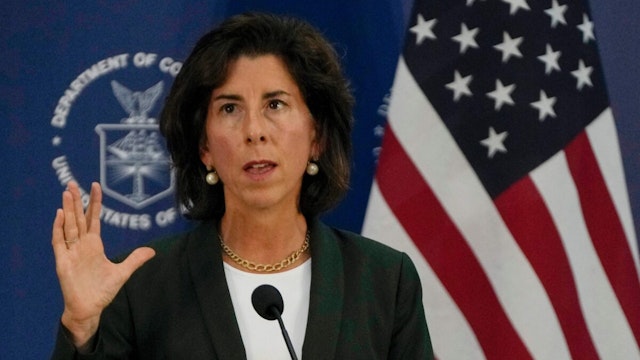 US Commerce Secretary Gina Raimondo speaks during a press conference at the Boeing Shanghai Aviation Service Co., in Shanghai on August 30, 2023.