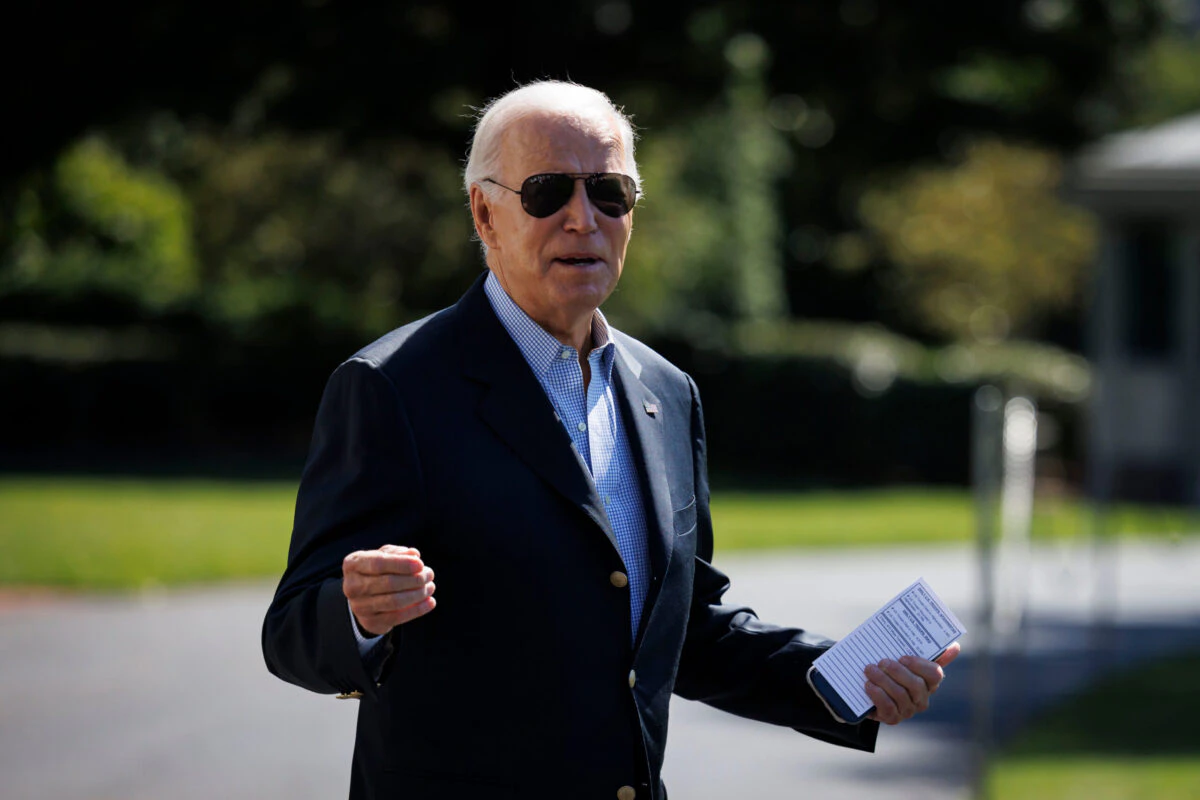 US President Joe Biden speaks to members of the media before boarding Marine One on the South Lawn of the White House in Washington, DC, US, on Saturday, Sept. 2, 2023.