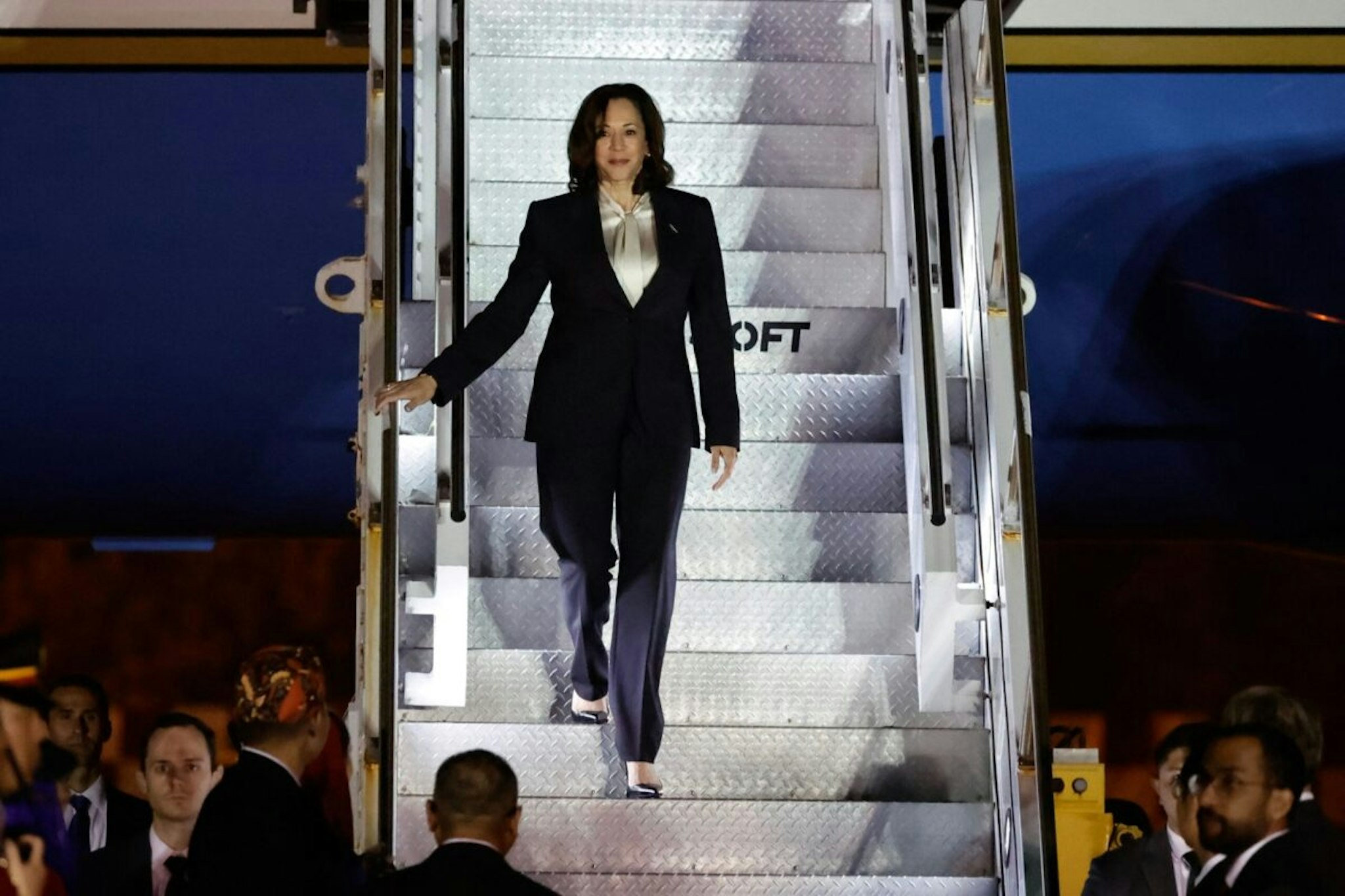 U.S. Vice President Kamala Harris disembarks Air Force Two plane upon her arrival to attend the 43rd ASEAN Summit at the Soekarno Hatta International airport in Tangerang on September 5, 2023.