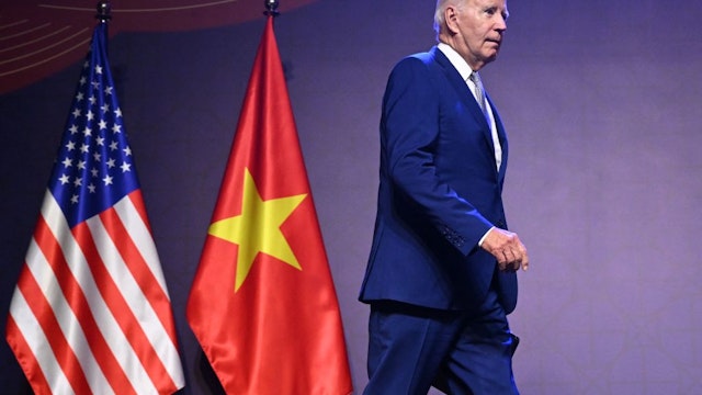 TOPSHOT - US President Joe Biden arrives to hold a press conference in Hanoi on September 10, 2023, on the first day of a visit in Vietnam. Biden travels to Vietnam to deepen cooperation between the two nations, in the face of China's growing ambitions in the region. (Photo by SAUL LOEB / AFP) (Photo by SAUL LOEB/AFP via Getty Images)