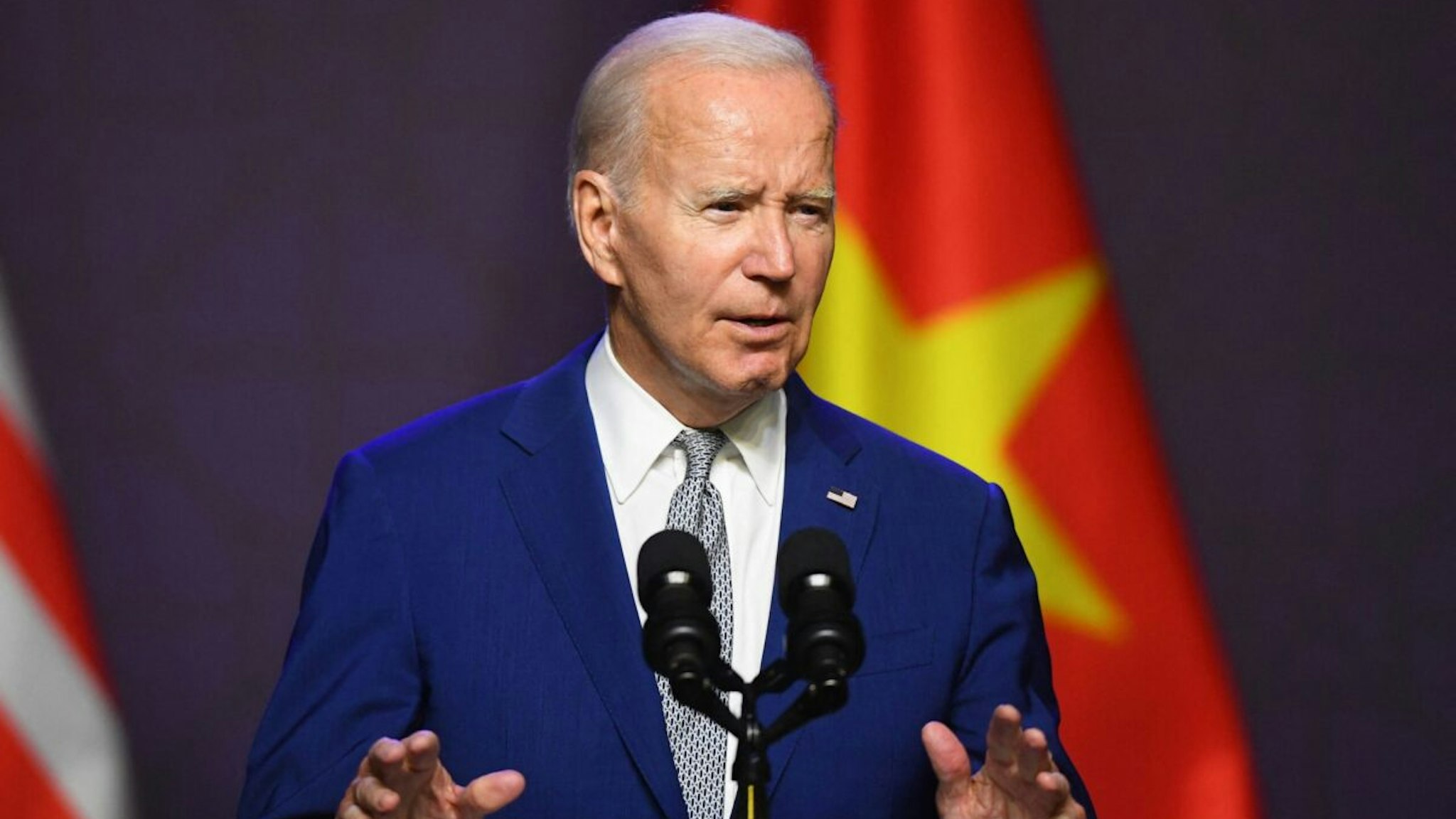 US President Joe Biden holds a press conference in Hanoi on September 10, 2023, on the first day of a visit in Vietnam. Biden travels to Vietnam to deepen cooperation between the two nations, in the face of China's growing ambitions in the region.