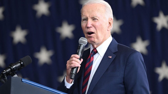 US President Joe Biden delivers remarks to service members, first responders, and their families on the 22nd anniversary of the September 11, 2001, terrorist attacks, at Joint Base Elmendorf-Richardson in Anchorage, Alaska, on September 11, 2023.