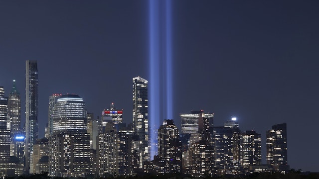 JERSEY CITY, NJ - SEPTEMBER 5: The annual Tribute in Light is illuminated above the skyline of lower Manhattan as it is set up to mark the 22nd anniversary of the 9/11 attacks in New York City on September 5, 2023, as seen from Jersey City, New Jersey. (Photo by Gary Hershorn/Getty Images)